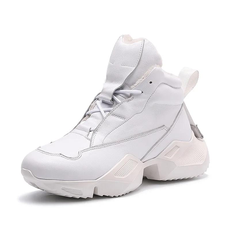 ჩვეულებრივი პიროვნების მოდური პლატფორმა ტყავის მამაკაცის ფეხსაცმელი შავი თეთრი სქელი ძირი ძროხის ტყავის მამაკაცის პლუშური თბილი თოვლის ჩექმები