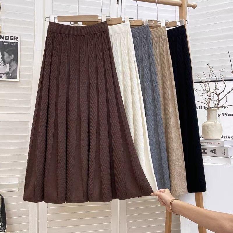 Women S Thick Knitted High Waist Midi A Line Pleated Skirt