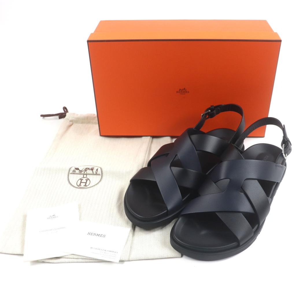 Pristine HERMES Sandals Hercules Black Navy Leather Mens 44 Used