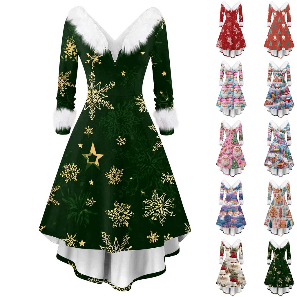 Dame Mote Casual V-hals Juleprint Langermet Kjole