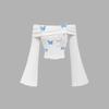 Summer Women's White Off-the-shoulder Flared Sleeve T-shirt, Cute Blue Butterfly Long-sleeved Women's Top