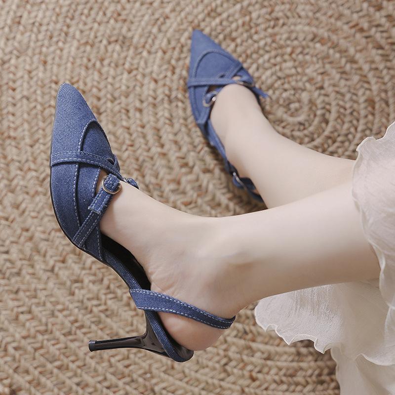 Wiosna i jesień 2025 nowy worek głowa lekka usta szpilki wysokie obcasy damskie sandały królewska siostra seksowne niebieskie piękny temperament pojedyncze buty