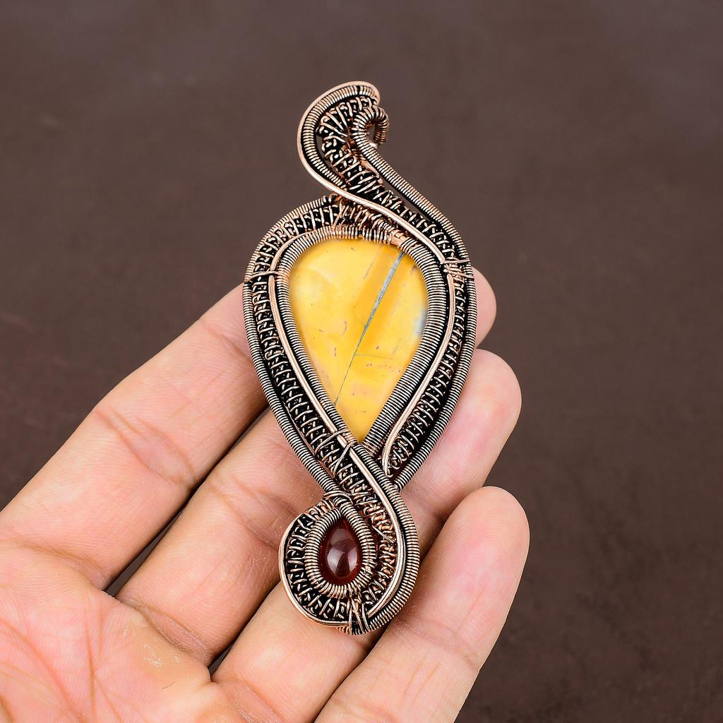 Natural Yellow Mookaite, Amber Handmade Copper Wire Wrap Pendant 3.74" V5h98