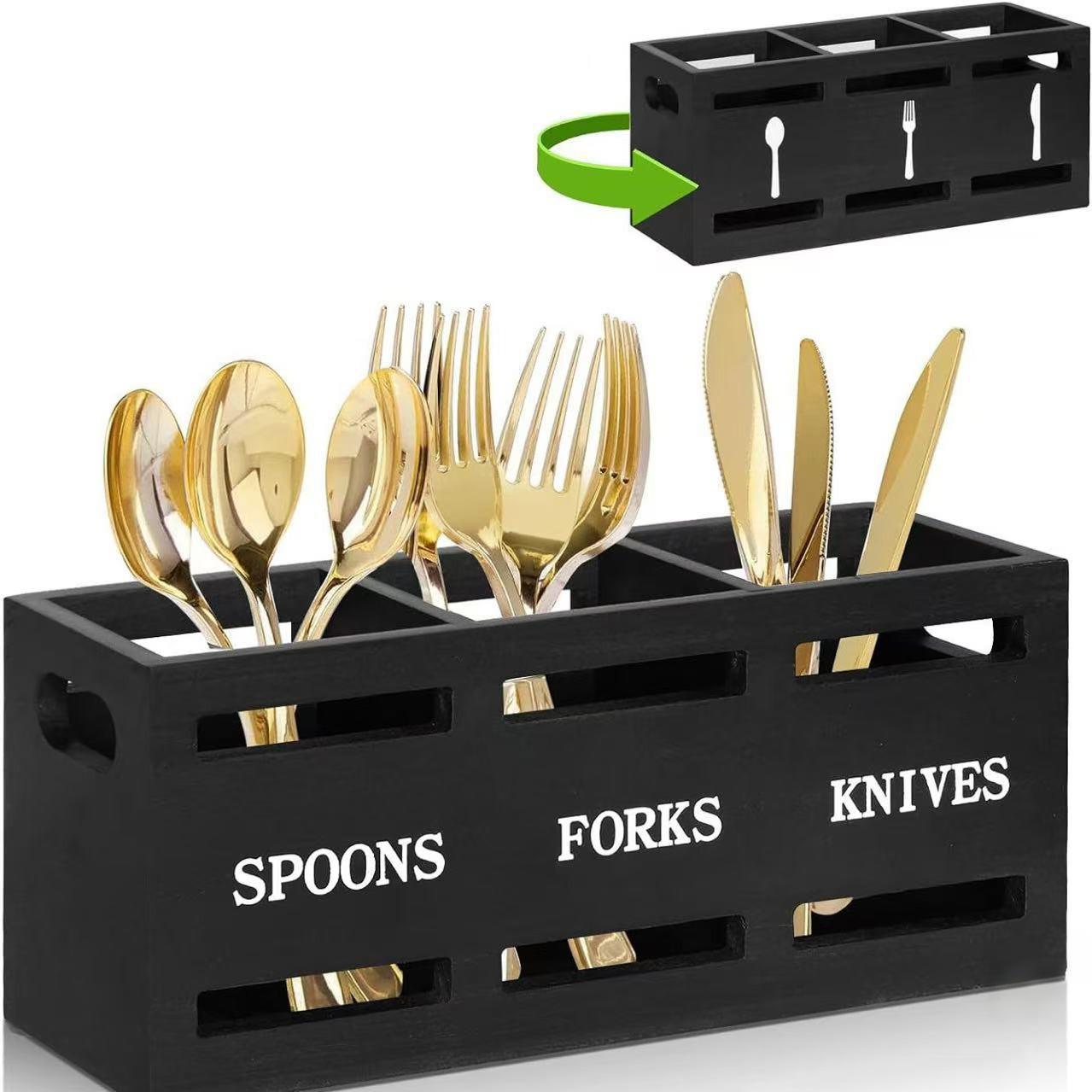 

Wooden Cutlery Organizer, Rustic Cutlery Rack, Party Fork Knife Spoon Organizer, Farmhouse Kitchen Cutlery Organizer чорний
