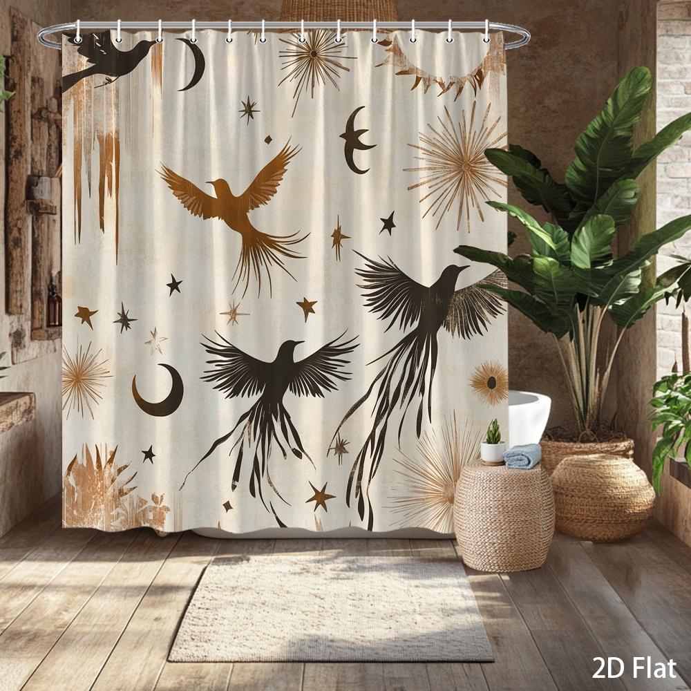 Birds & Stars Shower Curtain – Elegant Celestial Design, 2D Flat, Multiple Sizes, 59X70.8In To 90.5X70.8In, Includes Hooks