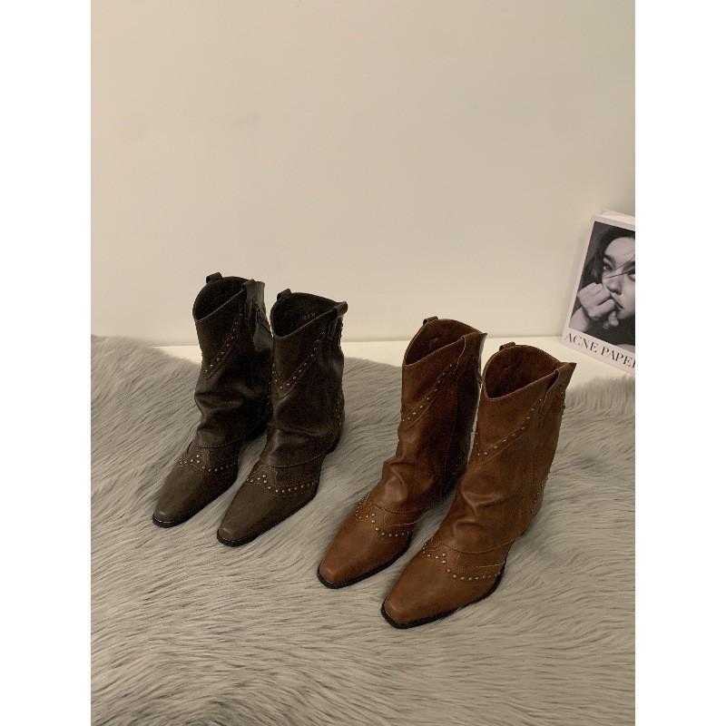 Botas Vintage Marrom V-Mat Botas Martin Moda Botas de Cowboy Ocidental Chelsea Rivetadas Botas para Calça Botas Cigarrete Botas Curtas