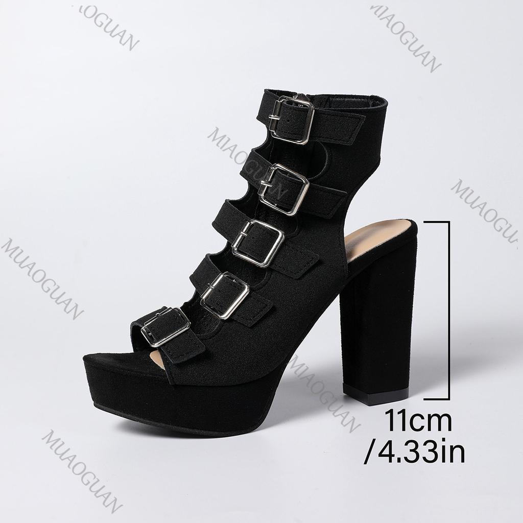 Fashion Summer Hollow Belt Buckle High-heeled Sandals Women Shoes Black Platorm Gladiator 11cm Thikc Heeled Zip Roman Sandales Femmes