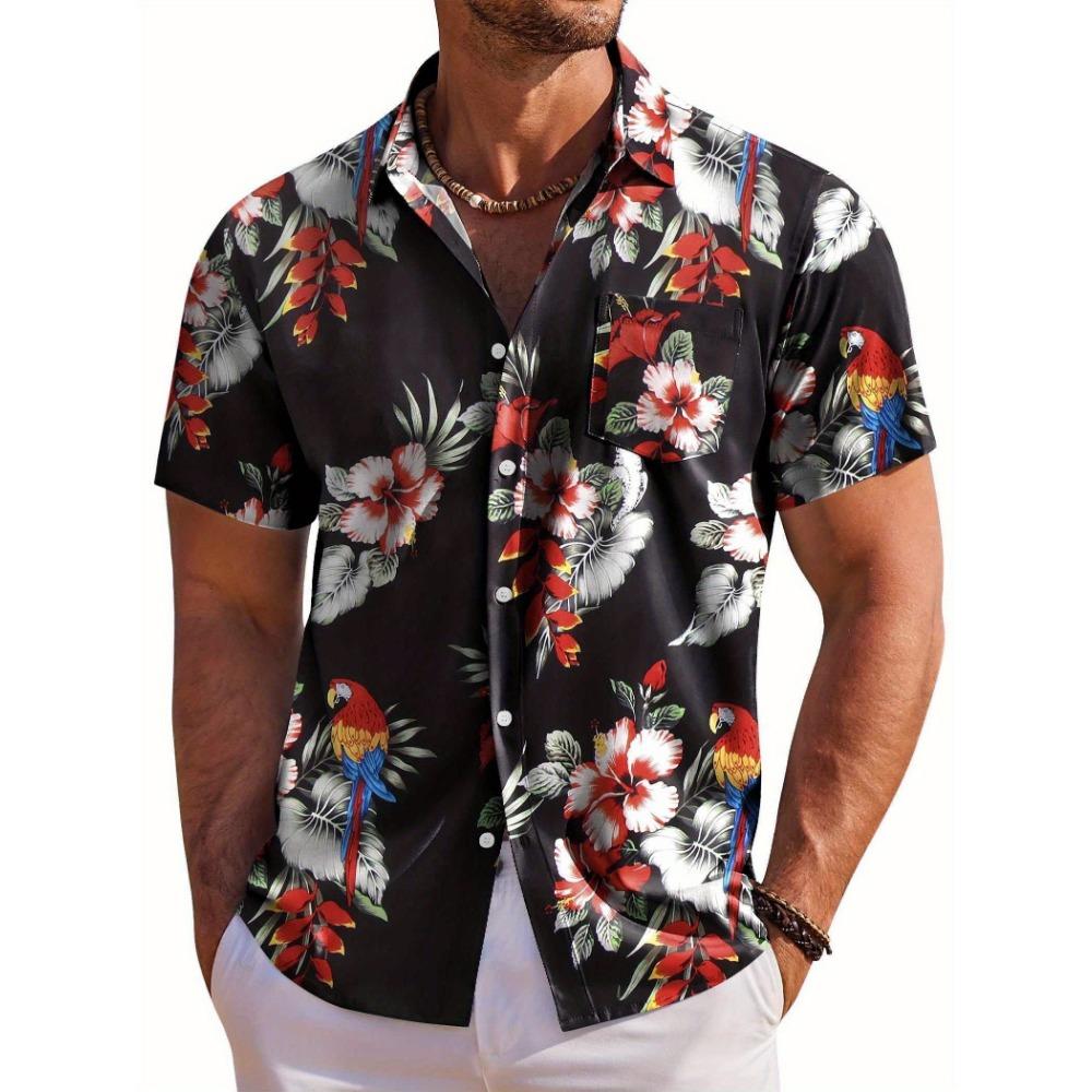 Camisa Masculina de Manga Curta Estampa Floral Botânica Havaiana Gola Lapela Camisa de Botão à Beira-Mar Top Moda Casual Camisas