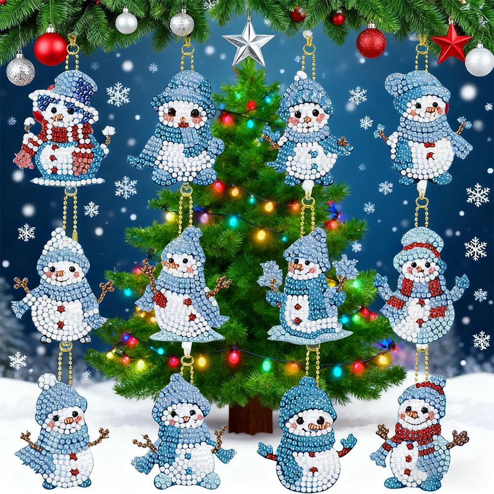 12PCS diamond-painted DIY Christmas handicrafts, penguin and snowman key chain sets, suitable for decoration and gifting