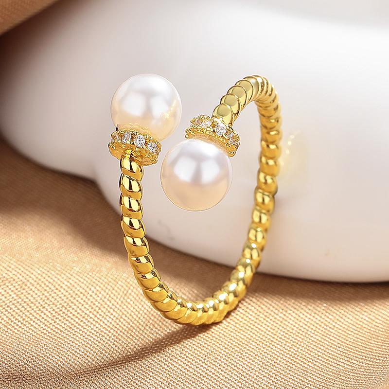 Elegant Minimalist Cable Knit Pearl & Rhinestone Ring for Women - Chic Luxury Index Finger Accessory. Adjustable Open