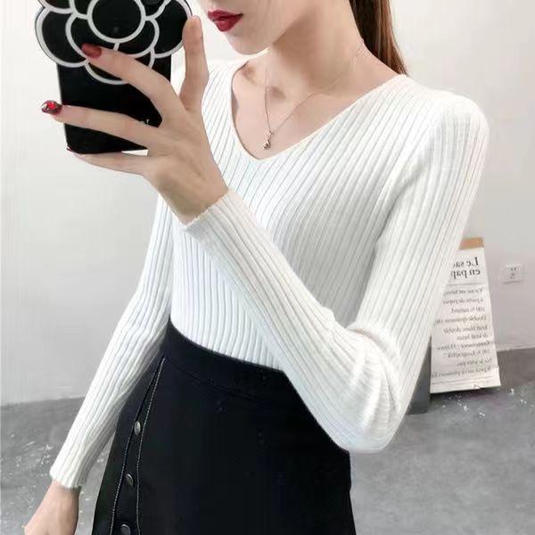 Korean Version Versatile Slim Fit Ins Autumn and Winter Long Sleeved V-neck Pullover Base Sweater Knitted Sweater with Pit Stripe Sweater for Women
