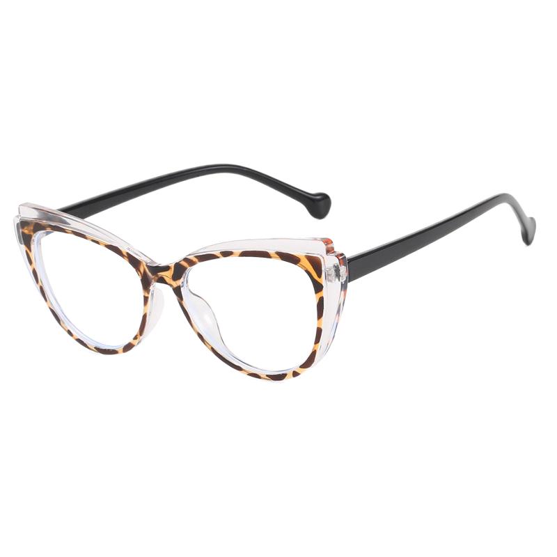 Kontrastowe okulary damskie typu kocie oko z przezroczystymi soczewkami są odpowiednie na co dzień i na wakacje latem.