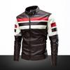 Men Jacket Color Block Long Sleeve Pockets Stand Collar Faux Leather Zipper Coat for Working
