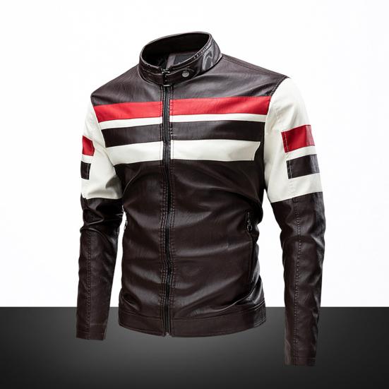 Men Jacket Color Block Long Sleeve Pockets Stand Collar Faux Leather Zipper Coat for Working