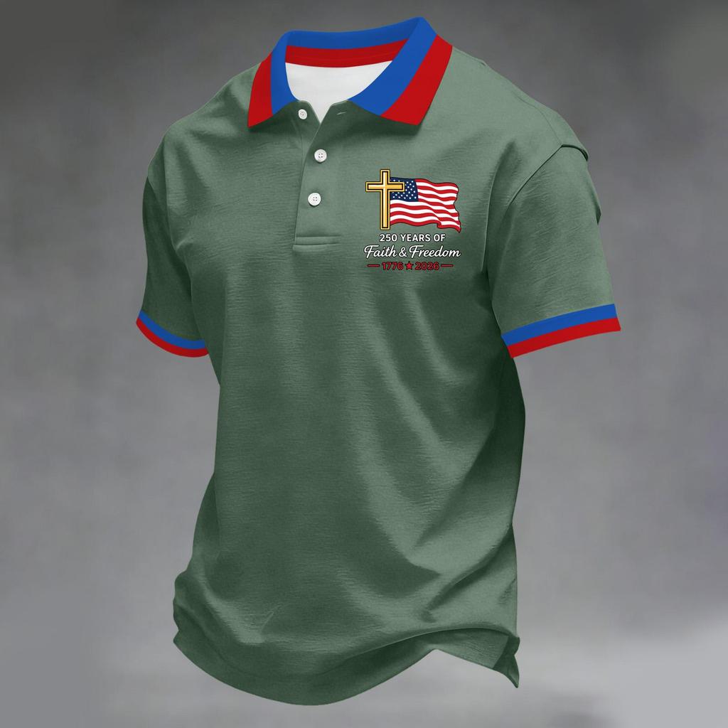 Herren Kurzarm-Polohemd mit Flaggen-Patch und Stickerei Klassische Passform Komfortables Design
