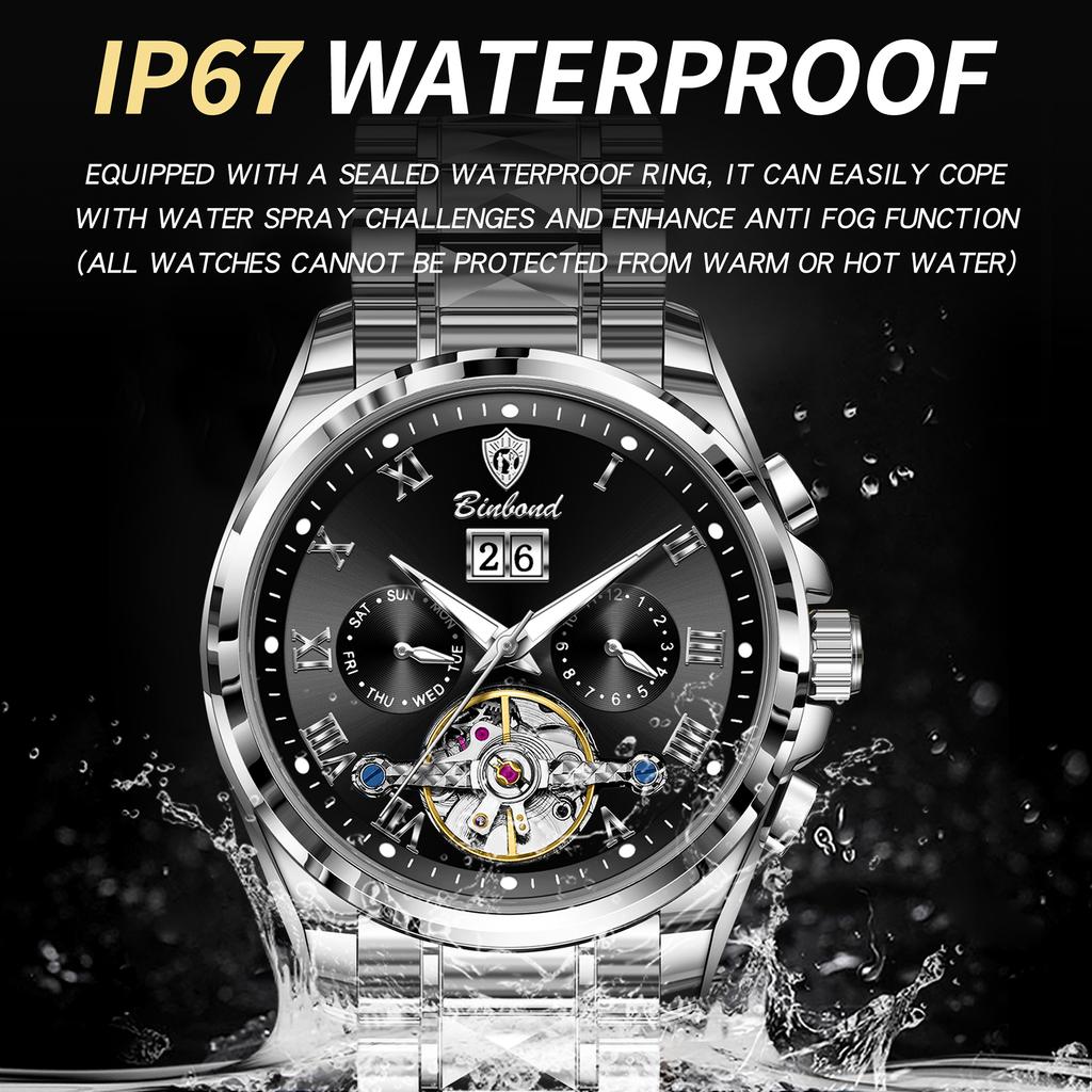 BINBOND Mechanical Wristwatches For Men Tourbillon Luminous Waterproof Automatic Men's Watch Original Skeleton Luxury Reloj