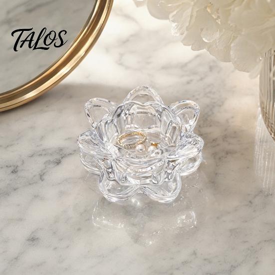 Talos Crystal Lotus Flower Tealight Candle Holders, Glass Tea Light Candlestick Decor with Deep Grooved Plate, Multifunctional Decoration for