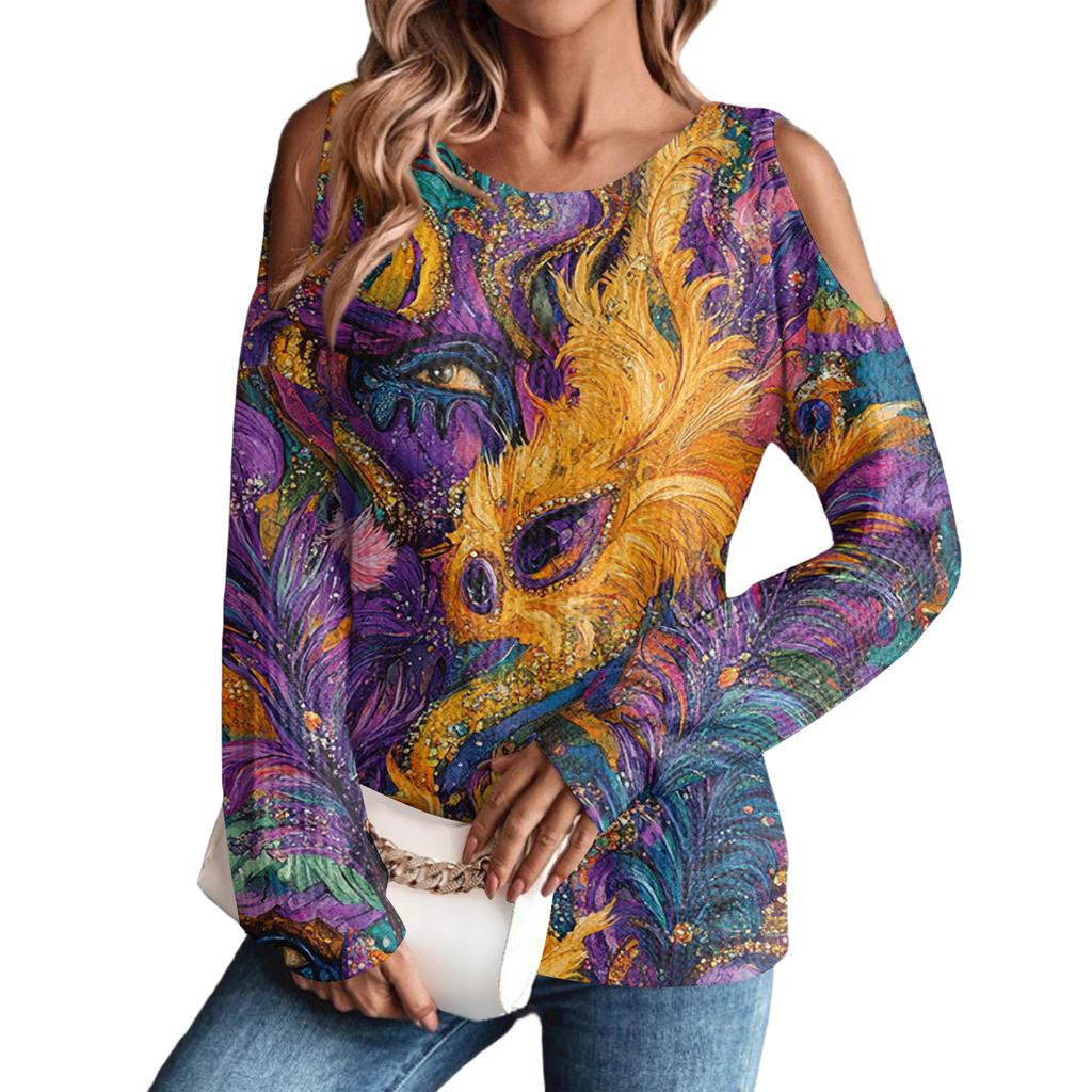 Women's Winter Oversized T-Shirt Fashionable Off-the-Shoulder Round Neck Vintage Floral Print Pullover Long-Sleeved Top