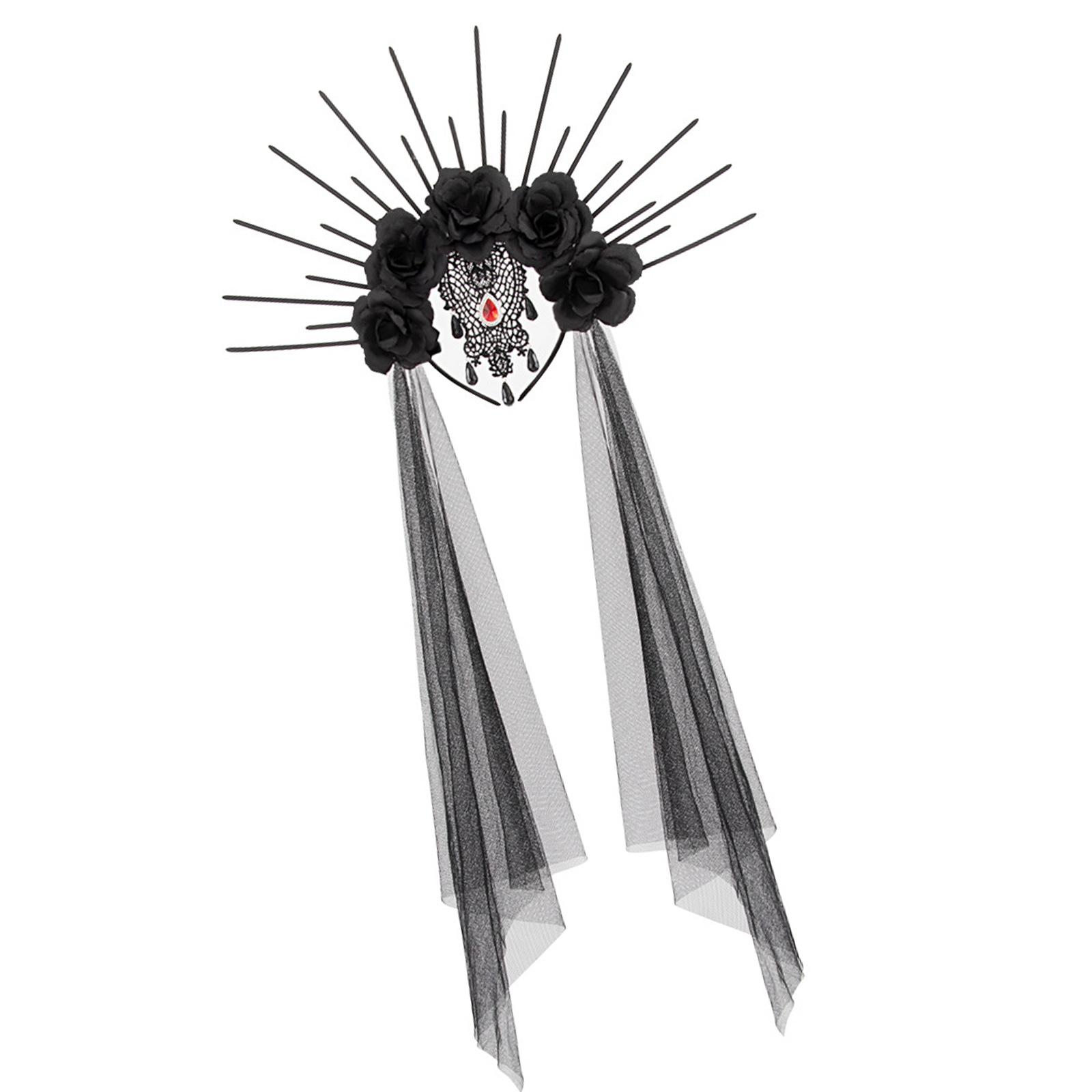 

Готический костюм королевы-невесты с сеткой и кружевной цветочной короной со стразами для вечеринок-косплеев на Хэллоуин