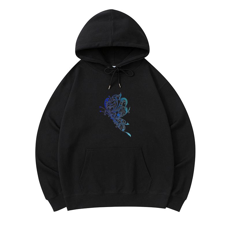 

300 GSM Men s Healthy Cotton Hoodies Blue Butterfly Tattoo Print Premium Cotton Sweatshirt