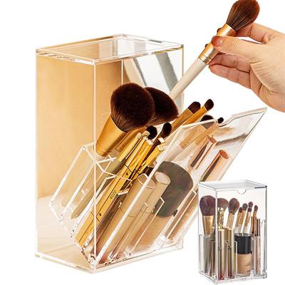 Makeup Brush Holder Clear Cosmetic Brush Holder Organizer with 17 Slots Tilt Open Large Makeup Comestic Tools Storage with Lid