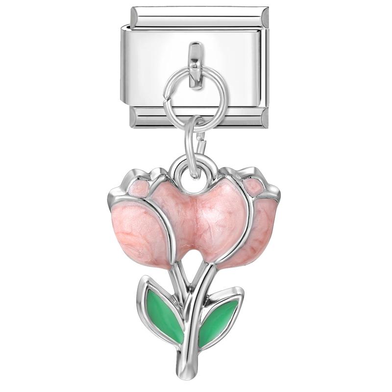 Sweet Pink Flowers Butterfly Tulip Bow Knot Heart Italian Charm Links Fit 9mm Bracelet Stainless Steel Men Women DIY Making Gift
