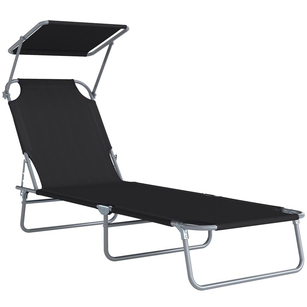 Folding Sun Lounger, Chaise Lounge, Multi-Position Backrest, Sunshade, 187 x 58 x 36 cm, Black