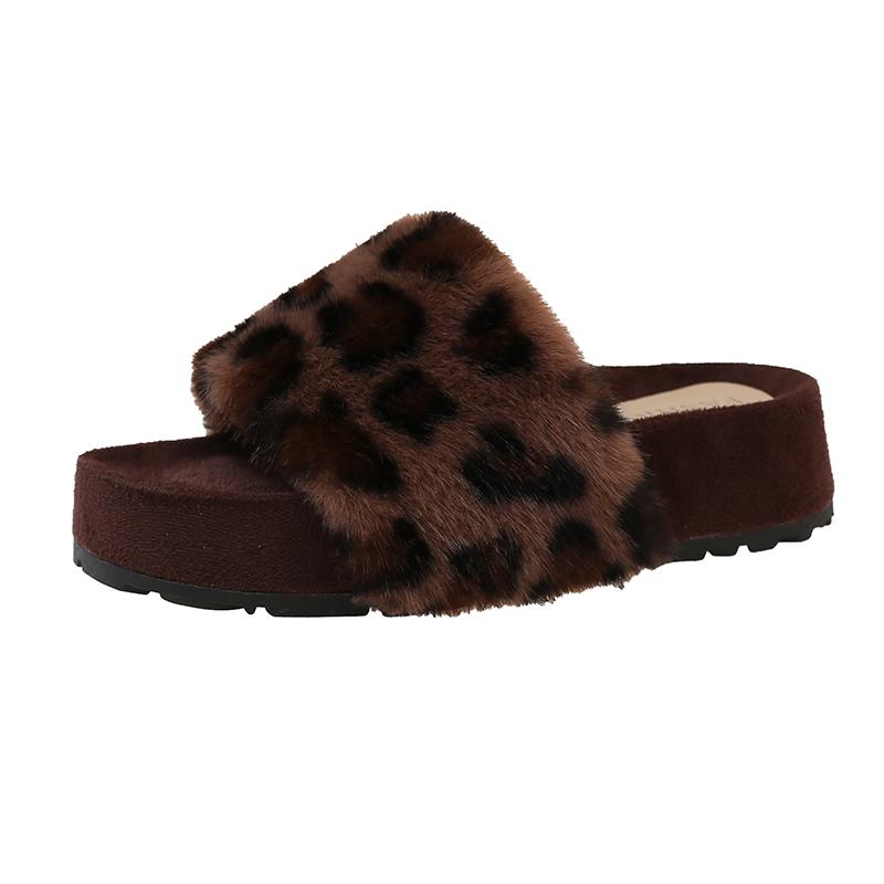 Fashion 2025 Retro Slippers for Women Autumn Winter Fashion Leopard Print One Word Slippers for Casual Platform Plush Cotton Slippers