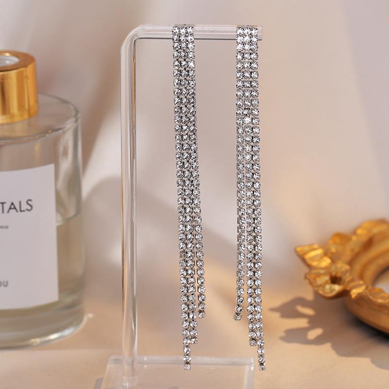 Simple Trendy Long Shiny Full Crystal Rhinestone Tassel Earrings For Women Drop Dangle Bridal Wedding Earrings Stud Zircon Gift медный