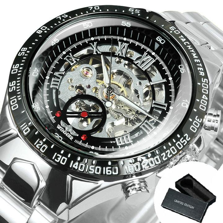 WINNER Gold Transparent Skeleton Automatic Watch for Men Luminous Pointers Luxury Brand Stainless Steel Strap Mechanical Watches
