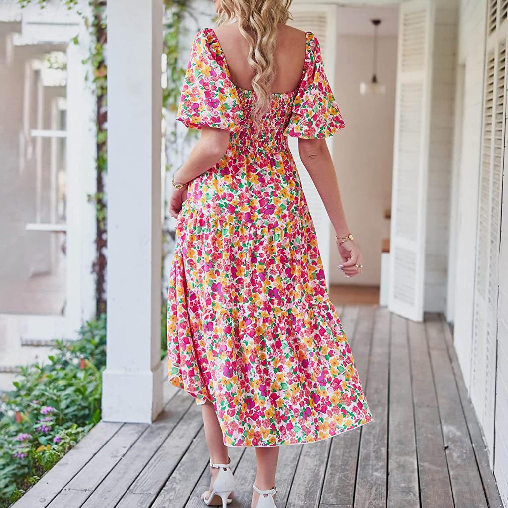 Women's Fashion Floral Square Collar High Waist Hollow Bubble Short-sleeved Back Pleated Printed Dress