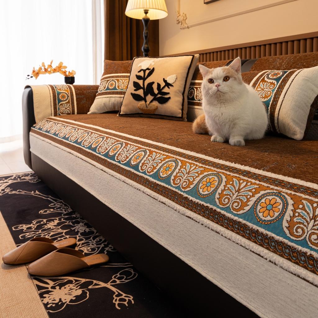 Exotischer Jacquard Chenille Rutschfester Sofakissenbezug, Rutschfeste Wohnzimmer Sitzauflage, Boho Heimdeko