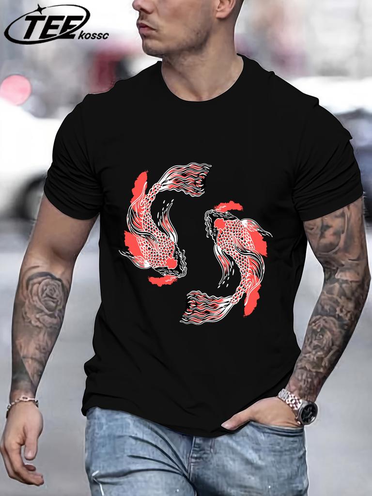 Japanese Harajuku Soaring Koi Print T Shirt Men Summer Casual Short Sleeve ONeck Loose TShirt Cotton Unisex Fashion Clothing