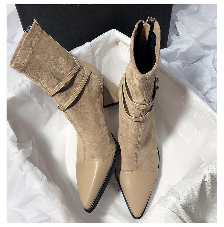 Women's Boots 2025 Spring and Autumn Thick Heel Pointed Splicing Elastic Skinny Boots Large Short Tube Middle Heel Women's Boots