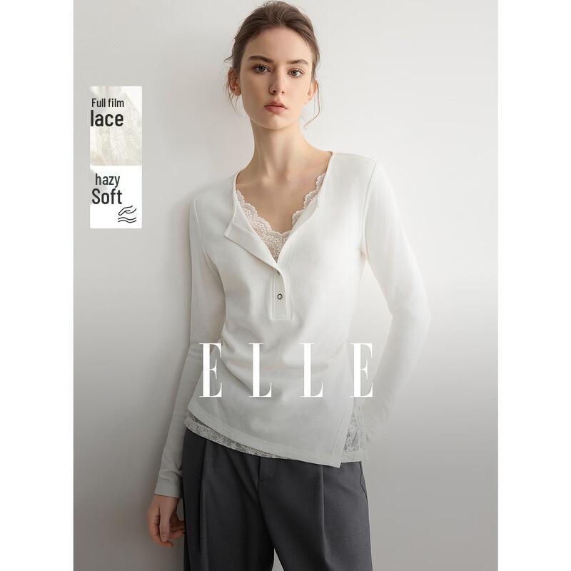 ELLE Women s White Lace Faux Two-Piece Long Sleeve T-Shirt M