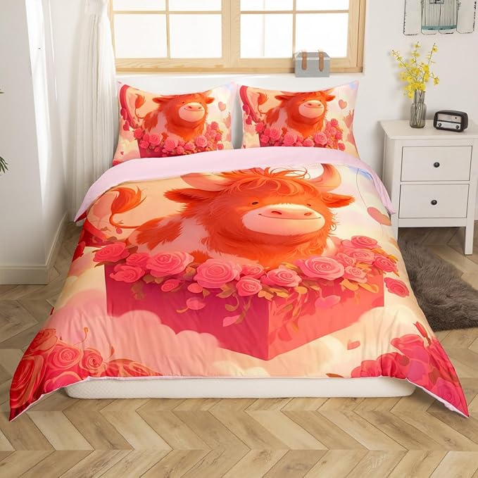 Cartoon Penguin Bedding Set Romantic Balloon Valentine's Day Comforter Cover Groovy Roses Flower Duvet Cover for Couple Lovers