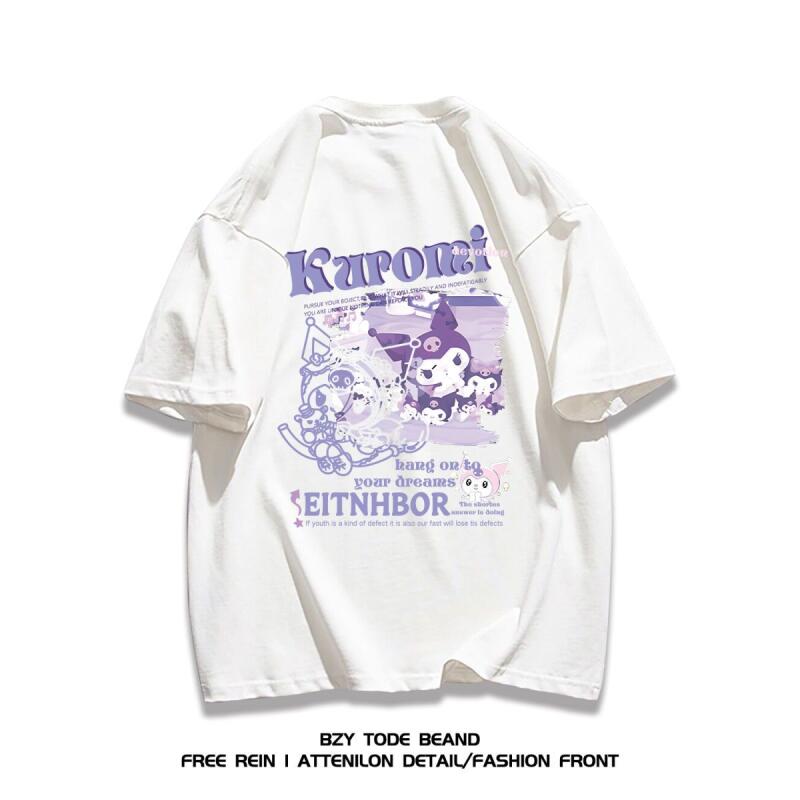 Sanrio Kuromi Cozy Heavyweight Pure Cotton Cute Printed Short Sleeved TShirt for Girl Summer Casual Trend Ins Style Loose Tops