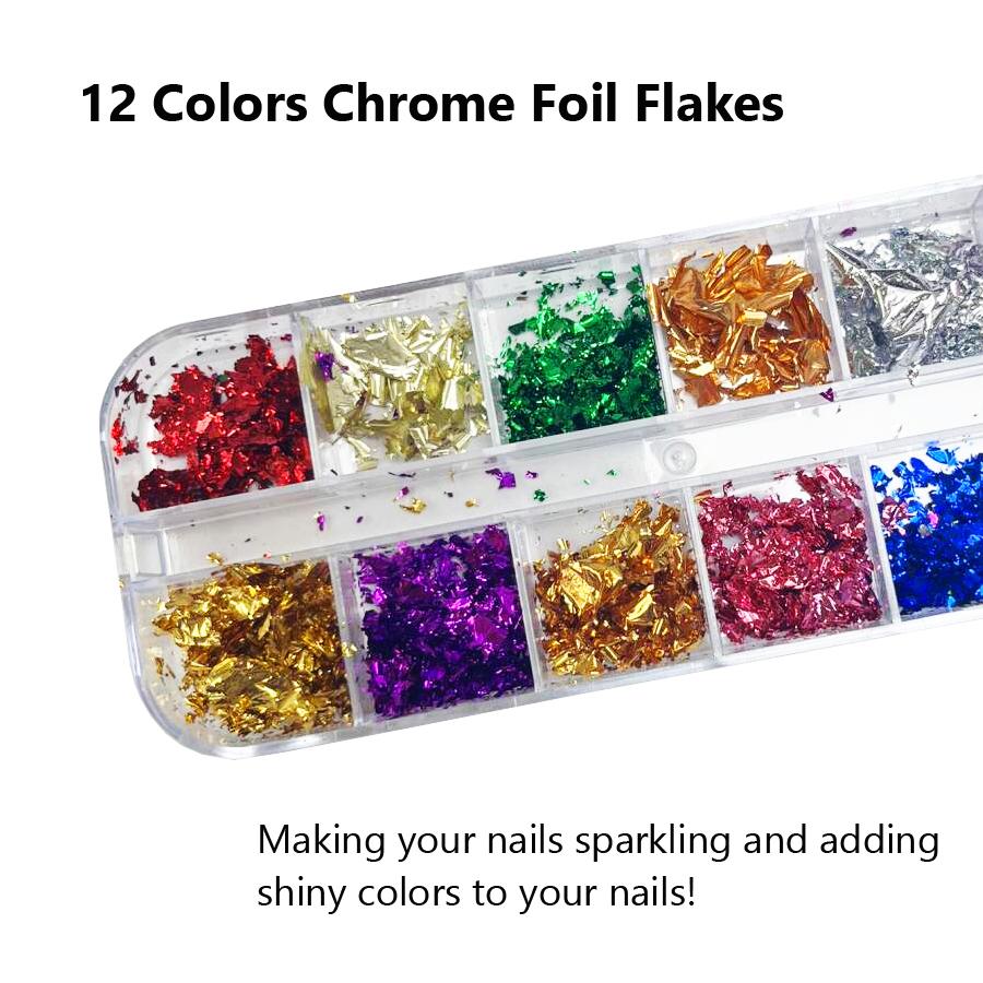 12 Colors Nail Foil Flakes, Metallic Chrome Glitter Nail Art Accessories, Nail Designs Decoration