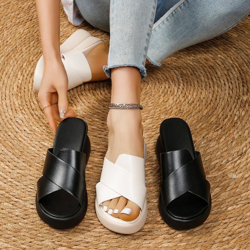 Muffin thick-soled wedge heel sandals women's summer outer wear empty cross solid color cool slippers large size high-heeled sandals women