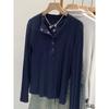 T-shirt rayé à boutons-pression à manches longues pour femme, léger et professionnel, couche de base amincissante pour l'automne/l'hiver/le printemps.