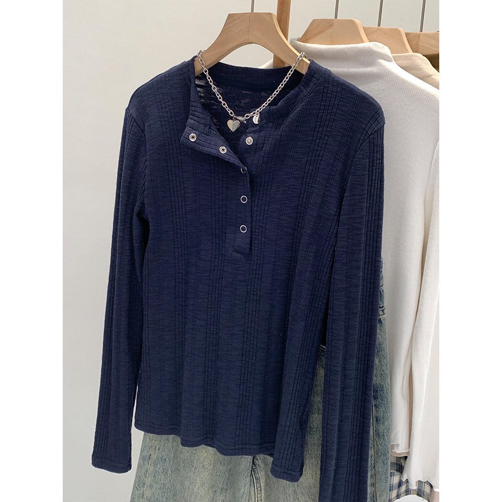 T-shirt rayé à boutons-pression à manches longues pour femme, léger et professionnel, couche de base amincissante pour l'automne/l'hiver/le printemps.