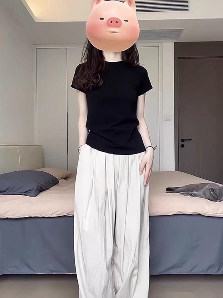 

Женская футболка в корейском стиле, черная, облегающего кроя, в стиле хип-хоп - Повседневная, Универсальная, с коротким рукавом, Летний тренд Medium чёрный