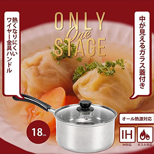 Pearl Metal HB-6154 18cm Stainless Steel Saucepan with Glass Lid, Compatible with All Heat Sources, Only One Stage