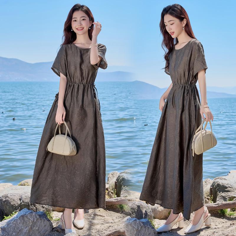 2025 Summer Loose Women's Round Neck Short Sleeve Slimming Long Dress