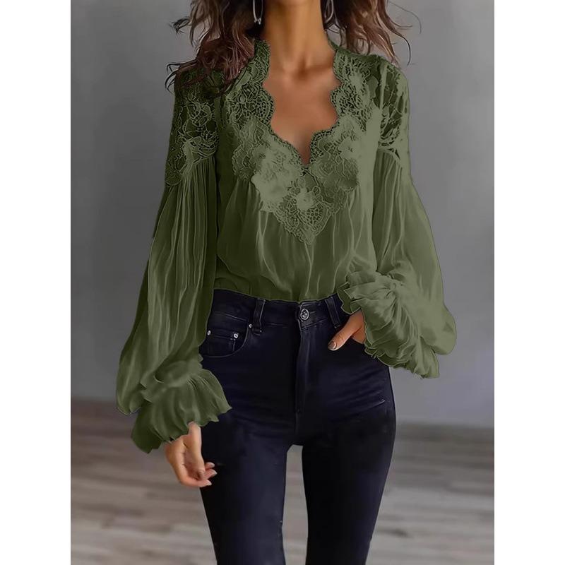 QICED Women's Fashion Casual Solid Color Print Long Sleeve V Neck Blouses & Shirts