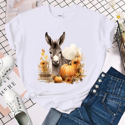 (Premium T-Shirt)Herbst Esel Kürbisdruck Sommer Freizeit T-Shirts für Frauen Kreative O-Ausschnitt Kurzarm T-Shirts Mode Tops