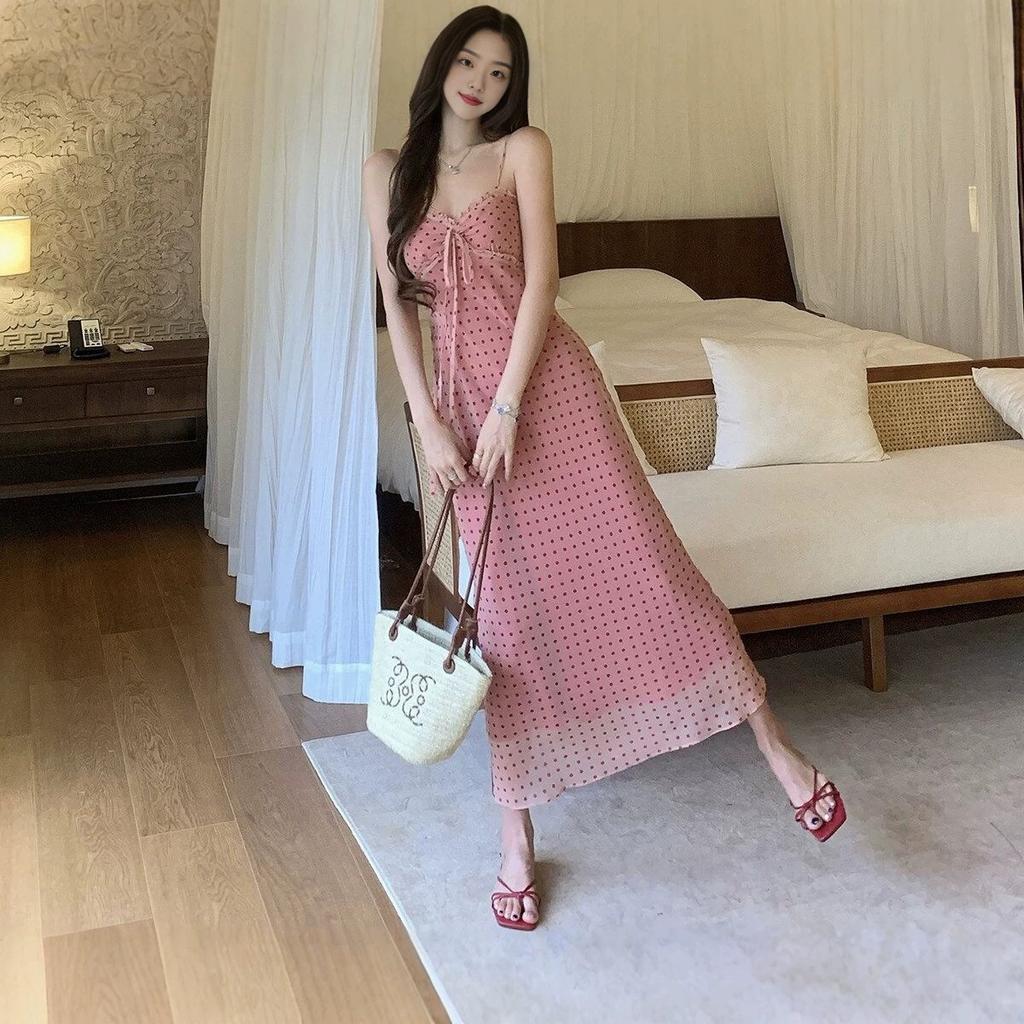 French Polka Dot Backless Spaghetti Strap Dress for Women, Summer Waist-cinching Figure-hugging Skirt, Pure Vacation Style Long Skirt