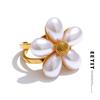 Eleganza Perle Simulate Fiore Anello Aperto Dorato per Donne Acciaio Inossidabile Chic Moda Estate Accessori Gioielli