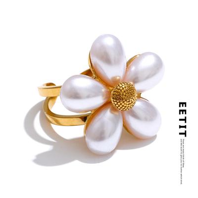 Elegance Simulated Pearls Flower Golden Open Ring for Women Stainless Steel Chic Fashion Summer Jewelry Accessories