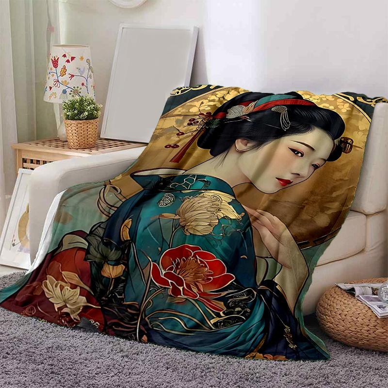 1pc Japanese Geisha Design Throw Blanket Home Decorative Sofa Cover, Gift for All Occasions, Soft Flannel Blankets for Bedroom .W093